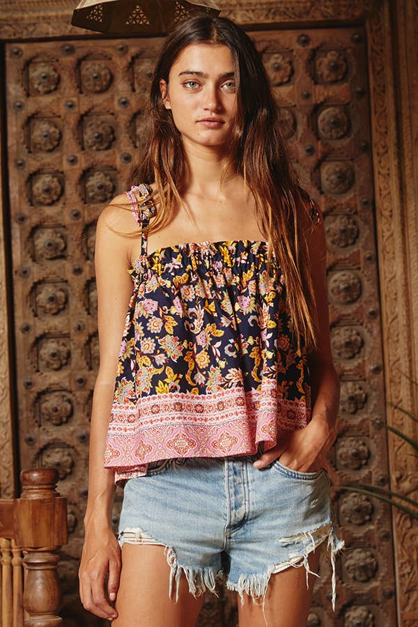 Print Knot Shoulder Flare Cami Top