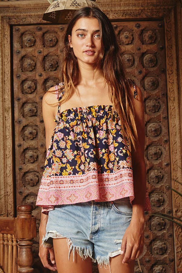 Print Knot Shoulder Flare Cami Top