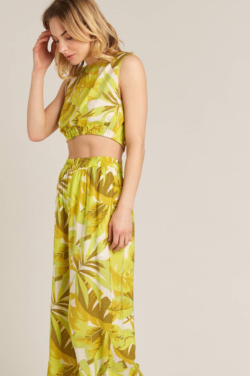 Printed Cropped Top and Wide Leg Pants Set