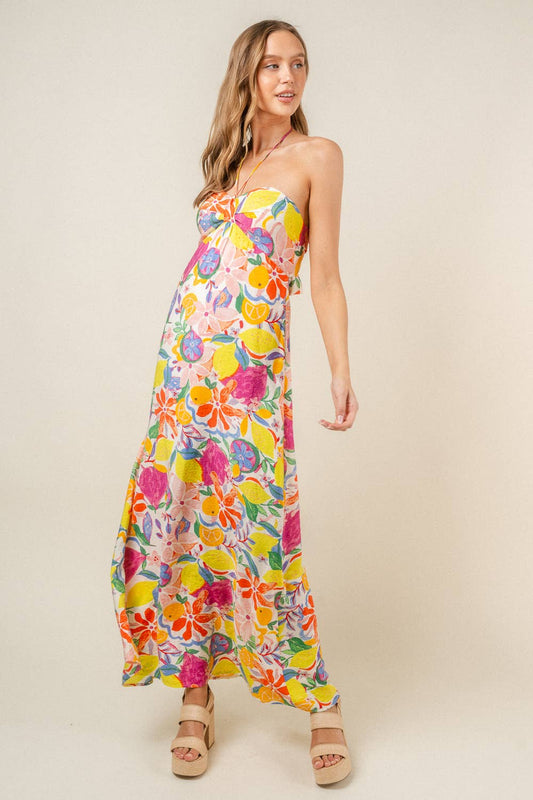 VACATION FRUIT FLORAL PRINTED MAXI DRESS