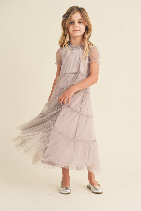 Little Girls Tiered Mesh Midi Dress