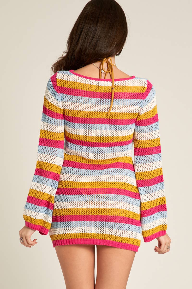 Long Sleeve Multicolor Striped Crochet Mini Dress