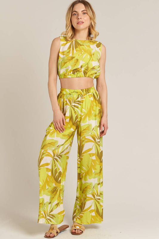 Printed Cropped Top and Wide Leg Pants Set