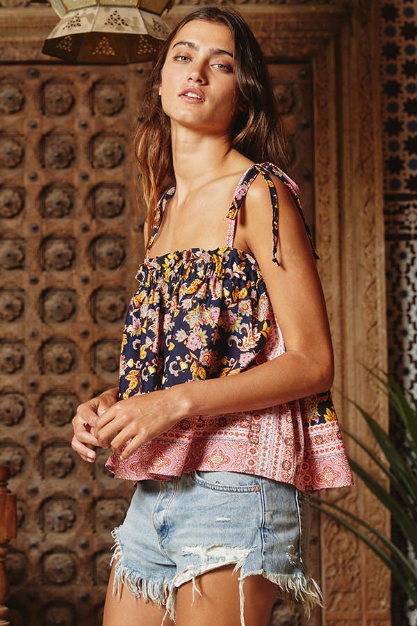 Print Knot Shoulder Flare Cami Top