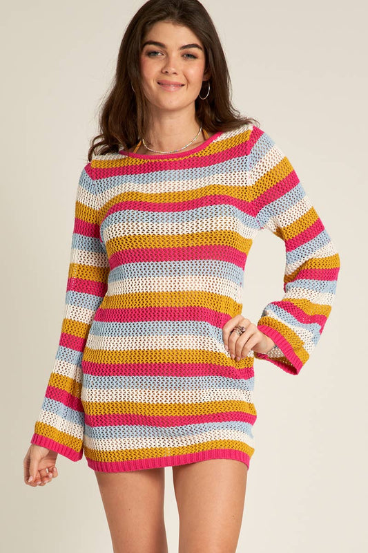 Long Sleeve Multicolor Striped Crochet Mini Dress